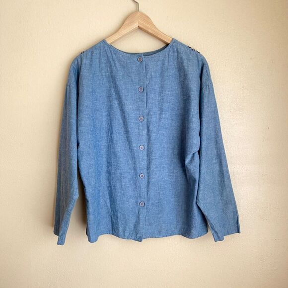 Vintage Via Sant Andrea 90s L Button Back Blouse Blue Denim Floral Embroidery - Picture 4 of 10